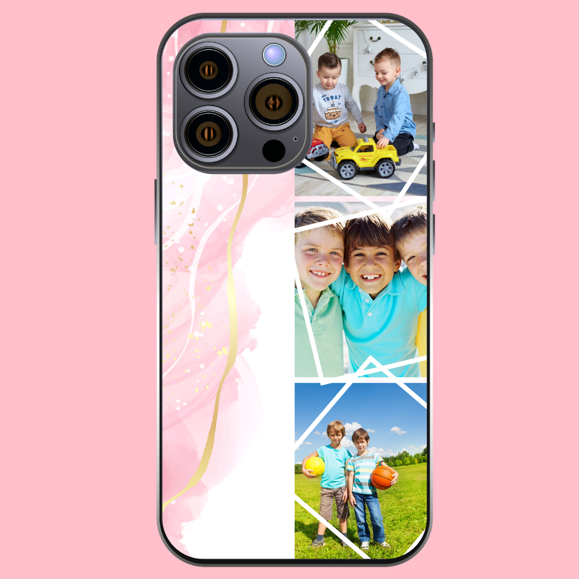 PHONECASE COLLAGE WITH PHOTO TRIO PINK MARBLE GOLD – Made By Foxy